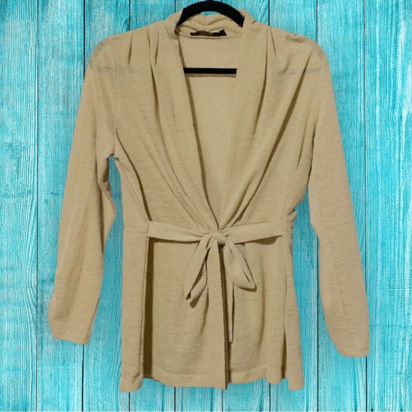 The Limited Tan Linen Blend Tie Waist 3/4 Ruched Sleeve Cardigan/Jacket. Large - Picture 1 of 14